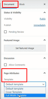 change the page attribute template to full-width template