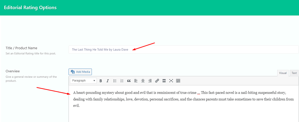 Write the summary of the book in the Overview box of editorial plugin