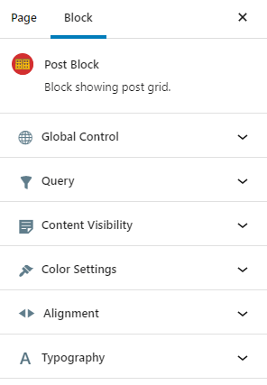 start customizing your post block from the right side bar’s Block menu